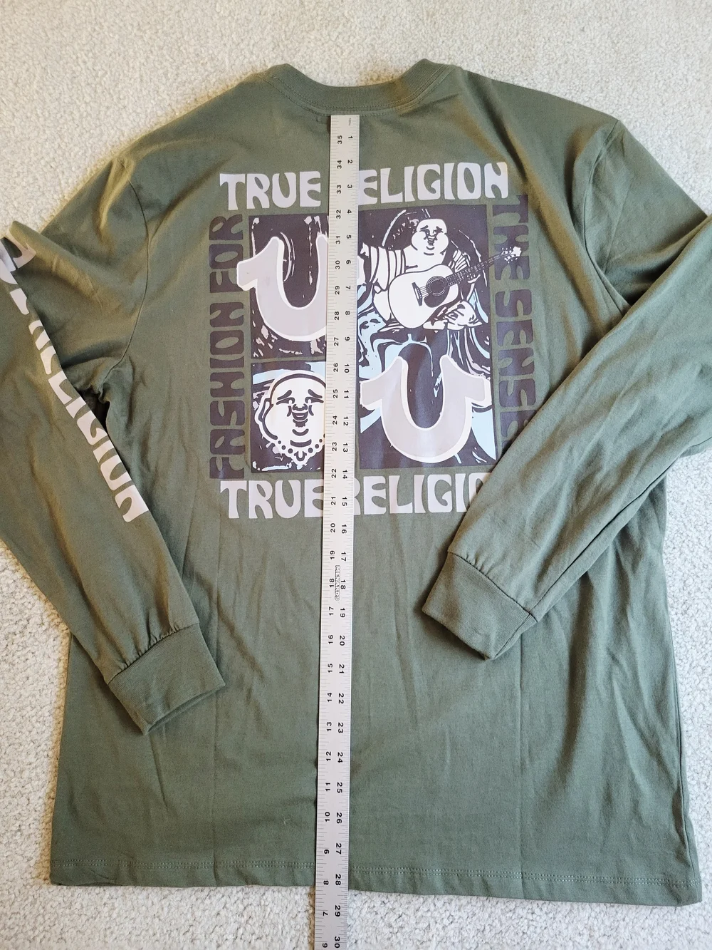 True Religion Long Sleeve Shirt Mens Large Olive Green New Buddha Graphic Cotton